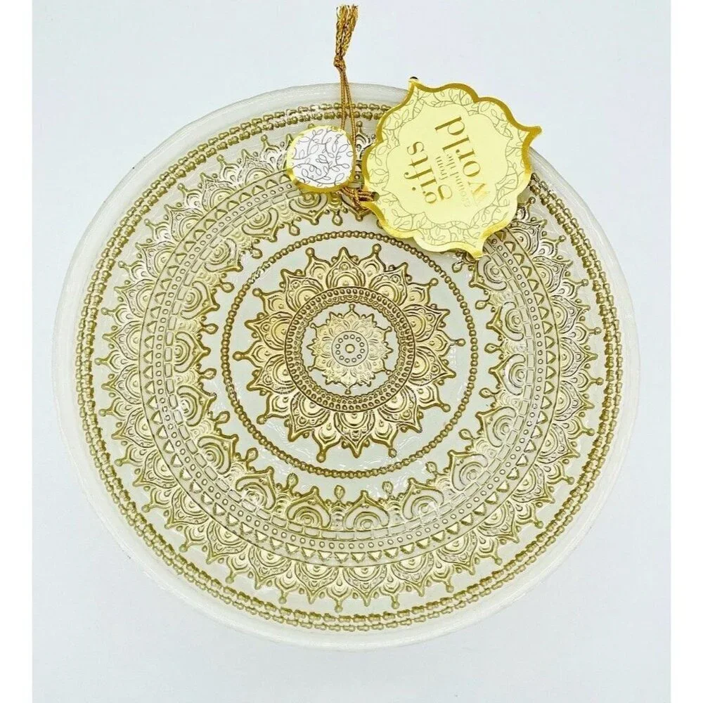 Turkish Glass White Cake Stand Glass Pedestal Dessert Platter Gold Lace 8.2
